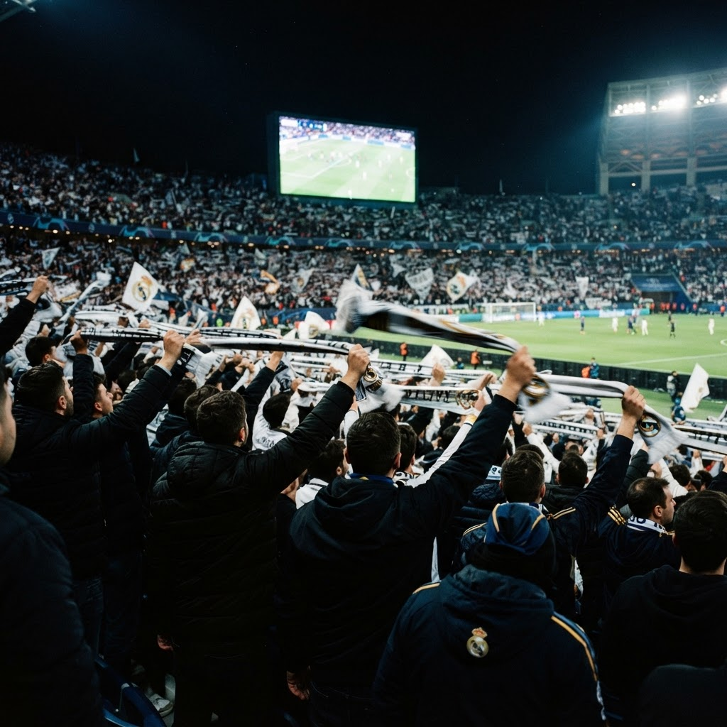 Real Madrid supporters raising scarves together